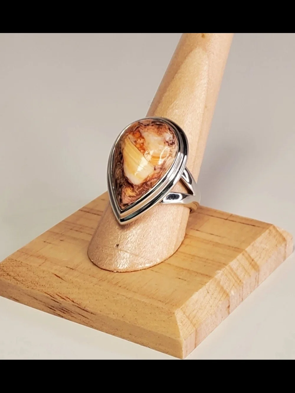 Handcrafted Sterling Silver Teardrop Seashell Jasper Gemstone Ring. Sz. 9 NIB